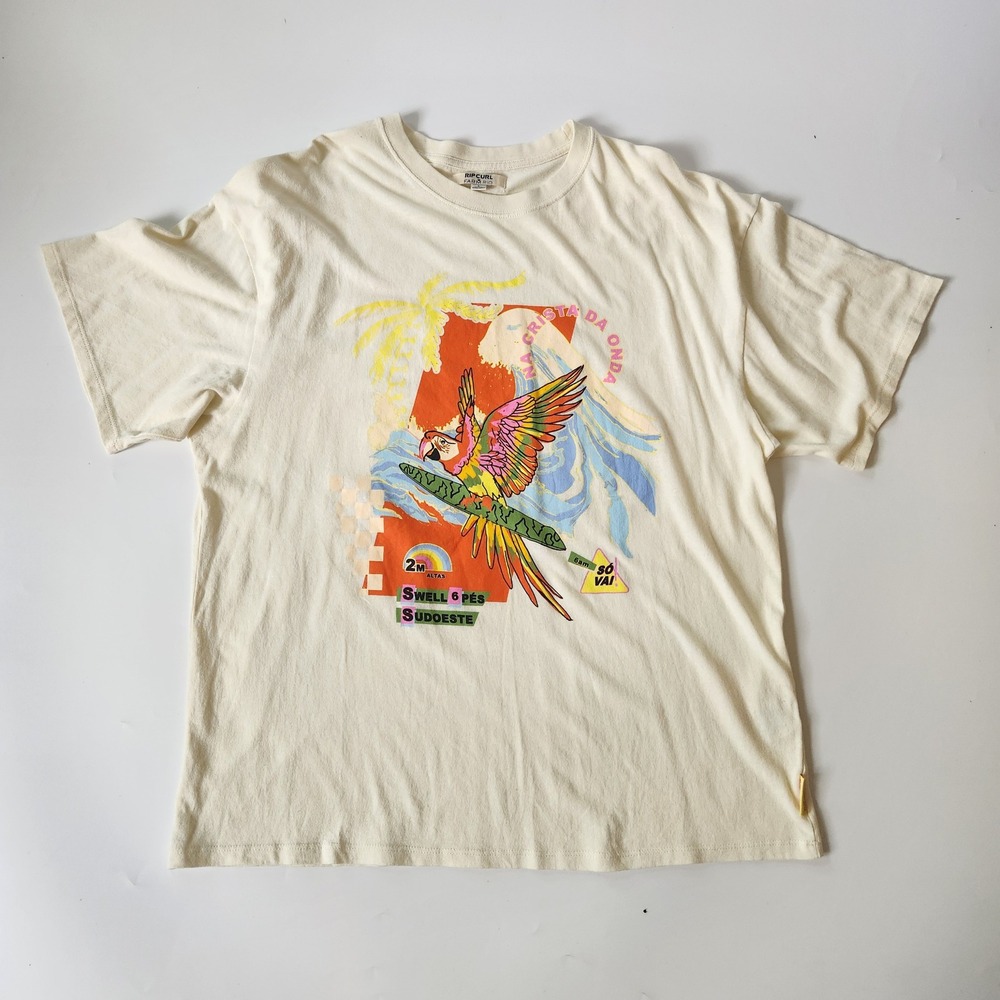 Rip Curl x Farm Rio Wave Crest Tee Large Parrot Graphic Coastal Surf Tropical